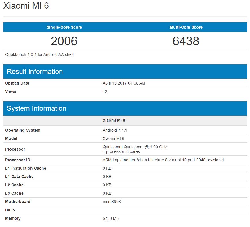 Geekbench показал Xiaomi Mi6 на Snapdragon 835