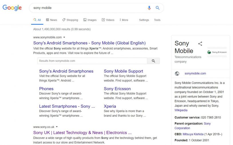 Sony Mobile Google Search Results