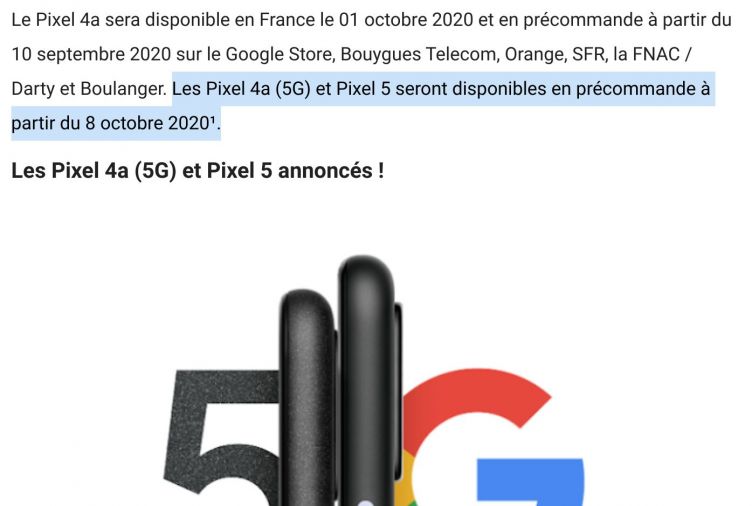 Google France Pixel 5 Date